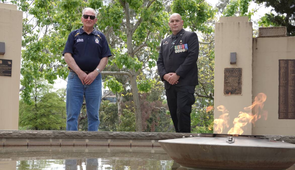 VETERANS: Wagga RSL Sub-Branch president David Gardiner and Afghanistan veteran Nigel McMullen in the Victory Memorial Gardens where the inaugural commemoration will be held. Picture: Monty Jacka