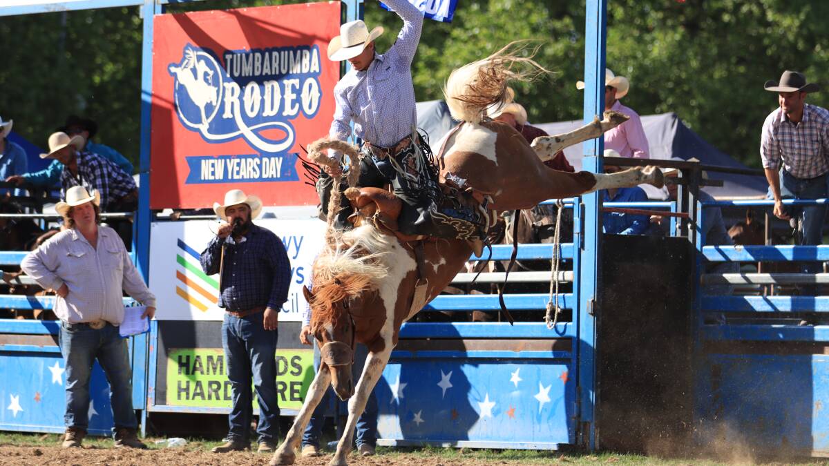 Greg Hamilton, the reigning Australian Saddle Bronc champion, took part in the Tumbarumba Rodeo on New Year's Day. Picture by Simon Pradhan