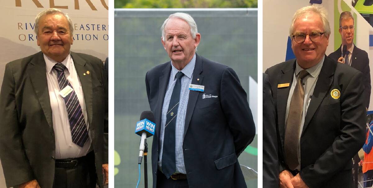 RETIRING: Coolamon Shire Council mayor John Seymour, Wagga City Council mayor Greg Conkey and Lockhart Shire Council mayor Rodger Schirmer are each moving on from their roles. Pictures: Contributed