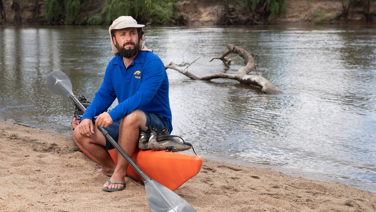 Just months after scrapping his first attempt, Matthew Eldred has re-embarked on his 1100 kilometre voyage down the Murrumbidgee River. Picture by Madeline Begley
