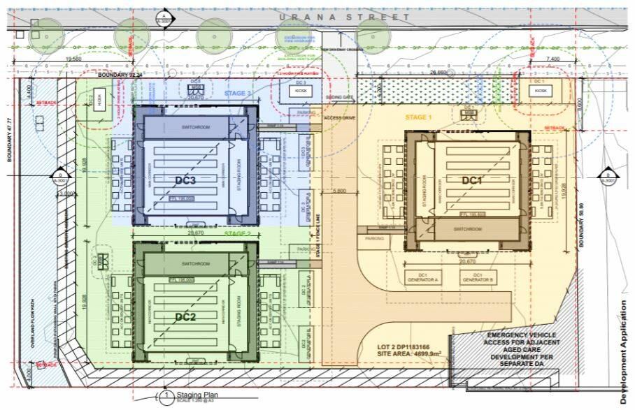 DESIGNS: Three separate buildings will be installed along Urana Street opposite the Wagga Showground for the data centre. Picture: Leading Edge Data Centres