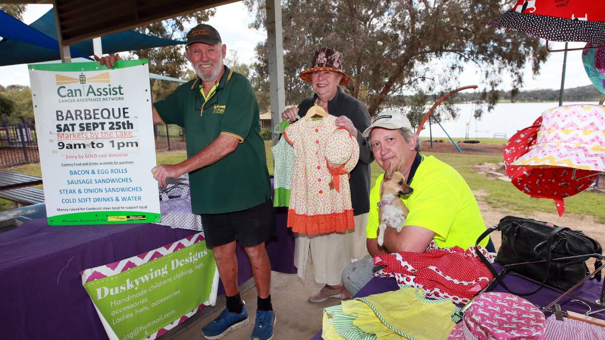 CAN'T WAIT: CanAssist's Bill Lane, stallholder Jocelyn Saarenpaa and event organiser Stuart Wallace are all looking forward to the return of Markets by the Lake later this month. Picture: Les Smith