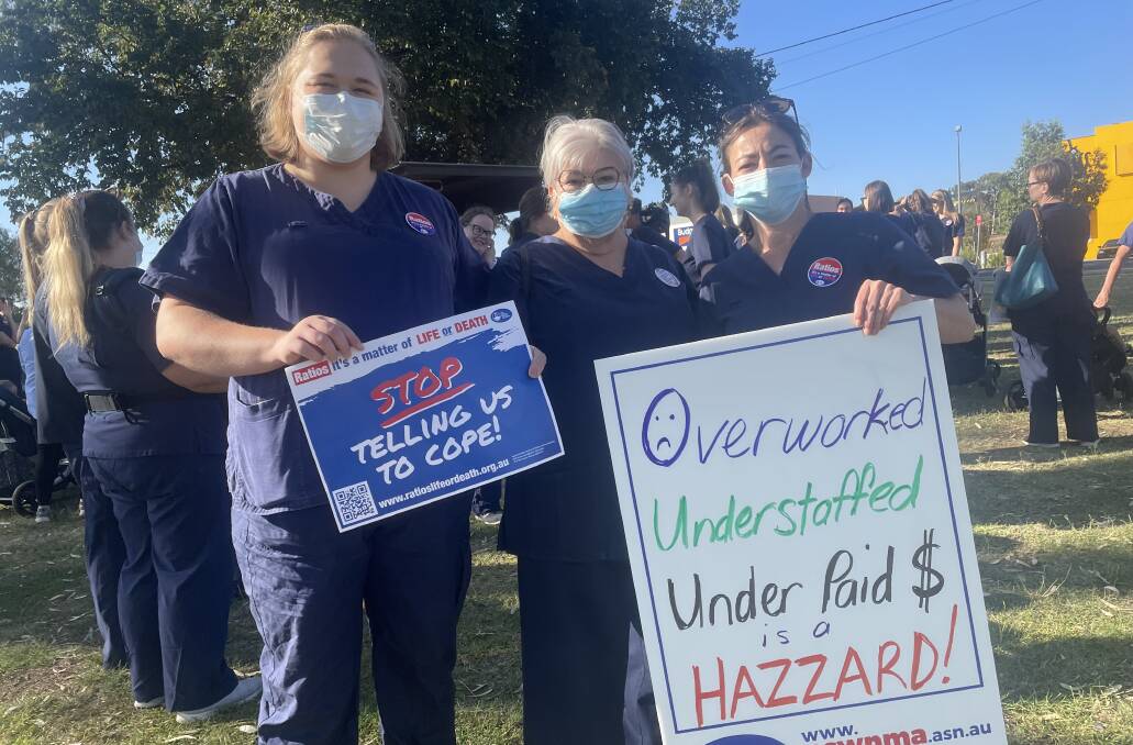 FRUSTRATED: Wagga nurses Baith Silversides, Roz Galvin and Lauren Petts were among the hundreds of participants in the strike action. Picture: Monty Jacka