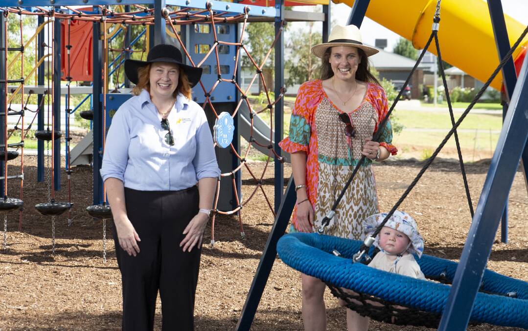 SHADE: Cancer Council NSW's Sheridan Evans, Wagga councillor Georgie Davies and her son Lachie are among the residents pushing for better protection over the city's playgrounds. Picture: Madeline Begley