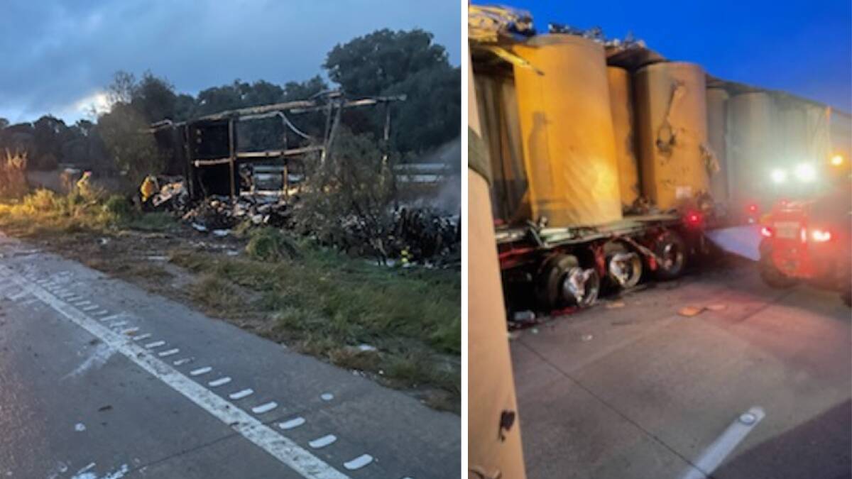 DAMAGE: One of the b-double trucks was completely destroyed after becoming engulfed in flames while the other also suffered serious damage from the collision.