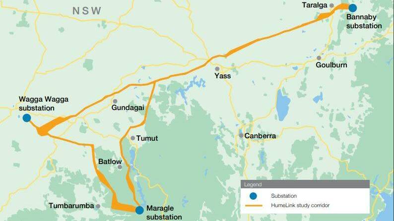 HumeLink's planned 350-kilometre power line loop connects the Snowy Hydro 2.0 scheme with a new substation at Wagga and upgraded sites in Maragle and Bannaby, north-east of Goulburn. 
