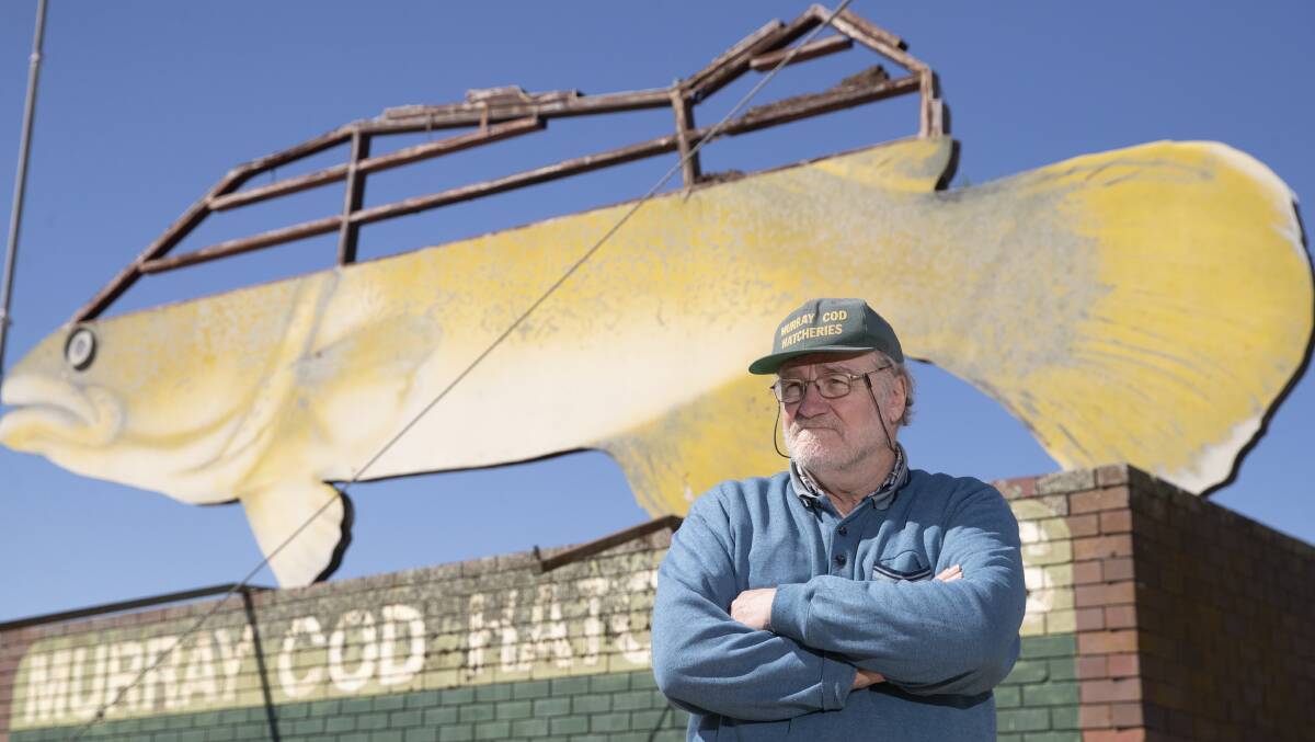 Murray Cod Hatcheries owner Greg Semple says the sad condition of the once-iconic sign is symbolic for the general state of his floundering business. Picture by Madeline Begley