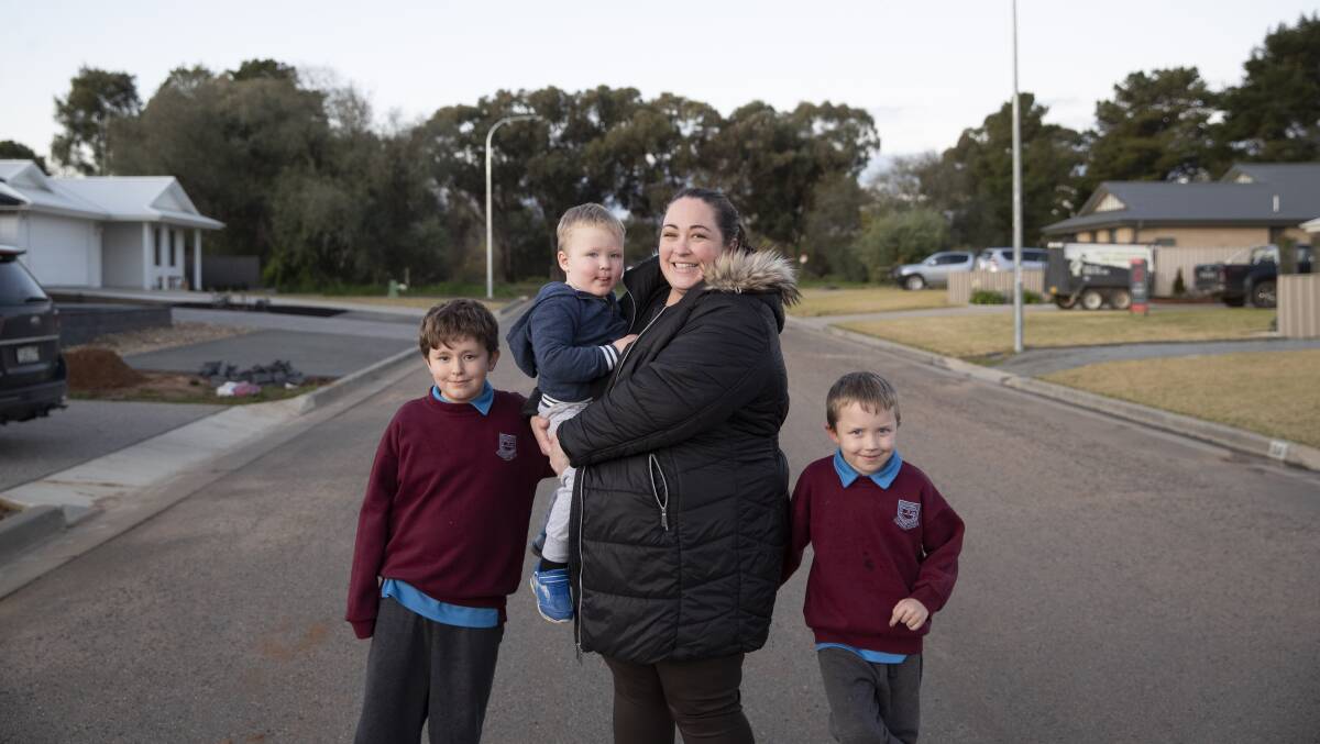 SUCCESS: Uranquinty resident Danielle Burns feared bringing drivers unfamiliar with the area onto Guttler Street could put the safety of her children Jack, Flynn and Liam at risk. Picture: Madeline Begley