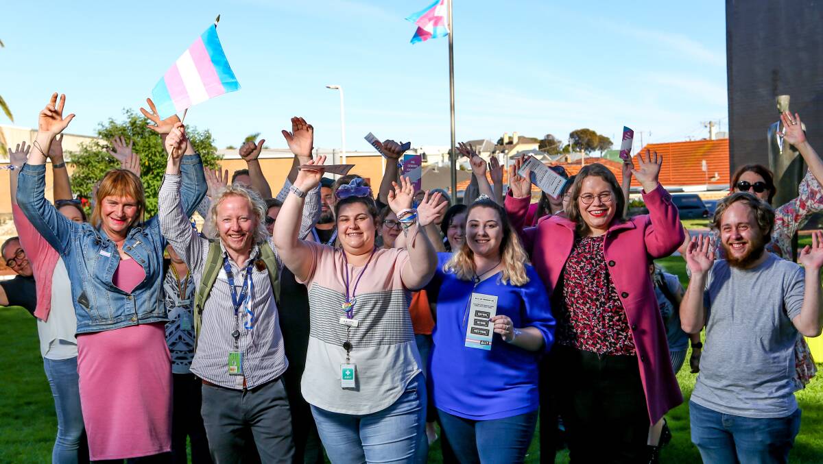 A group gathered to celebrate Transgender Visibility Day in Warrnambool on March 31 by flying the transgender flag on the Civic Green. Picture: Chris Doheny