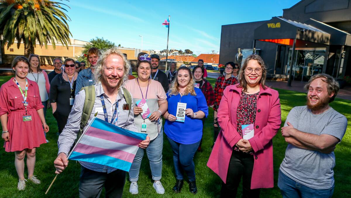 TOGETHER: A group gathered to celebrate Transgender Visibility Day in Warrnambool on March 31 by flying the transgender flag on the Civic Green. Picture: Chris Doheny