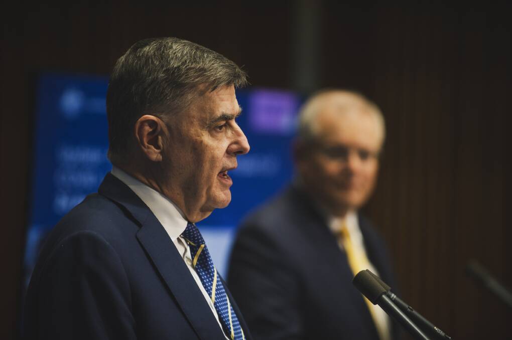 Chief Medical Officer Brendan Murphy and Prime Minister Scot Morrison. Picture: Dion Georgopoulos