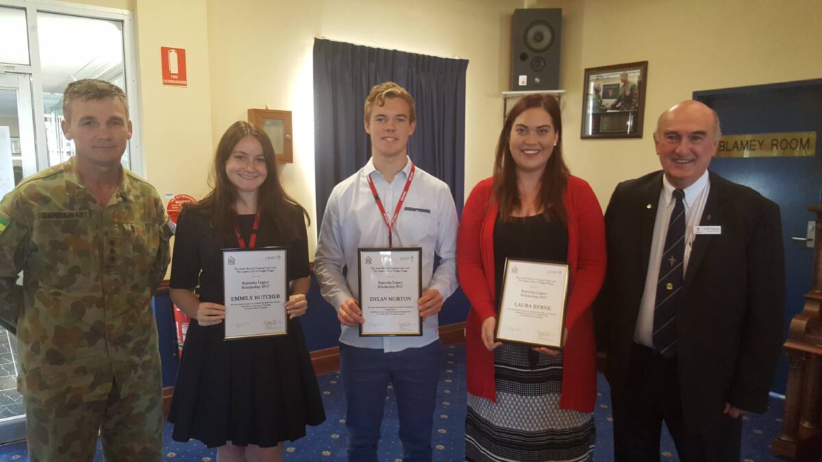 SCHOLARSHIPS: With citations to mark their Kapooka-Legacy scholarships presented by Colonel Garraway and Mr Ferguson are, from left, Emmily Butcher, Dylan Morton and Laura Byrne. Picture: Contributed