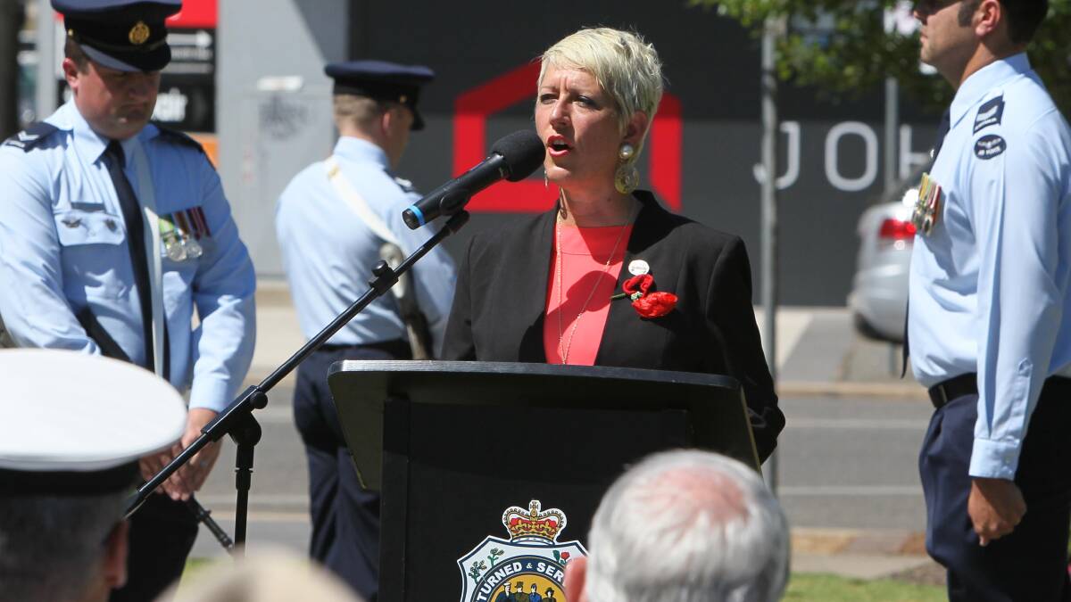 LEST WE FORGET: OJ Rushton delivers her 2016 Wagga Remembrance Day speech in the Victory Memorial Gardens. Picture: Les Smith