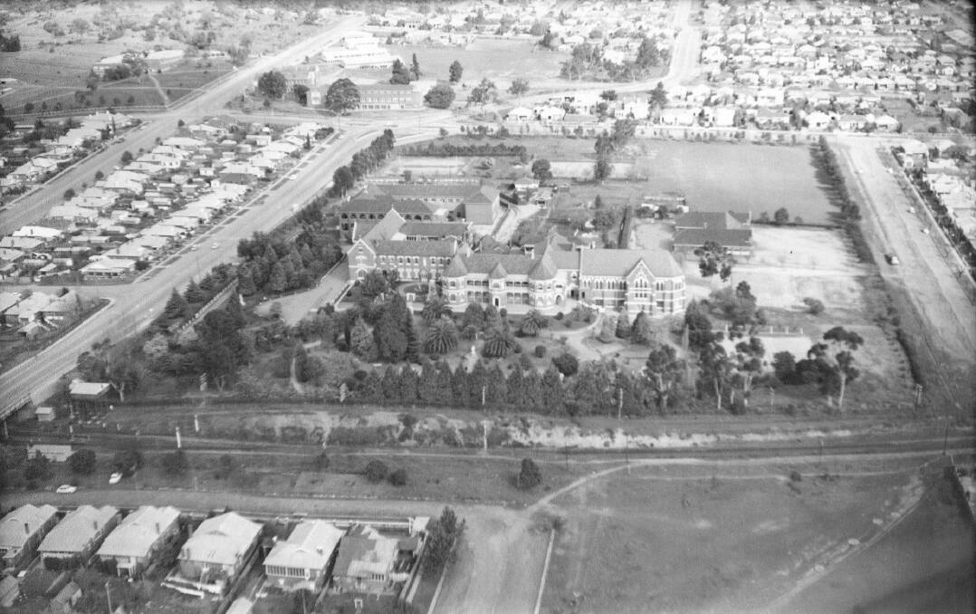 BACK THEN: An aerial photograph of Mt Erin Convent, Mt Erin High School and surrounds taken in the early 1960s. Picture: Geoff Haddon