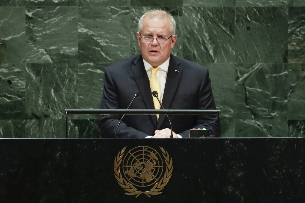 DENIAL: Prime Minister Scott Morrison speaks to the United Nations General Assembly in New York. Picture: Alex Ellinghausen