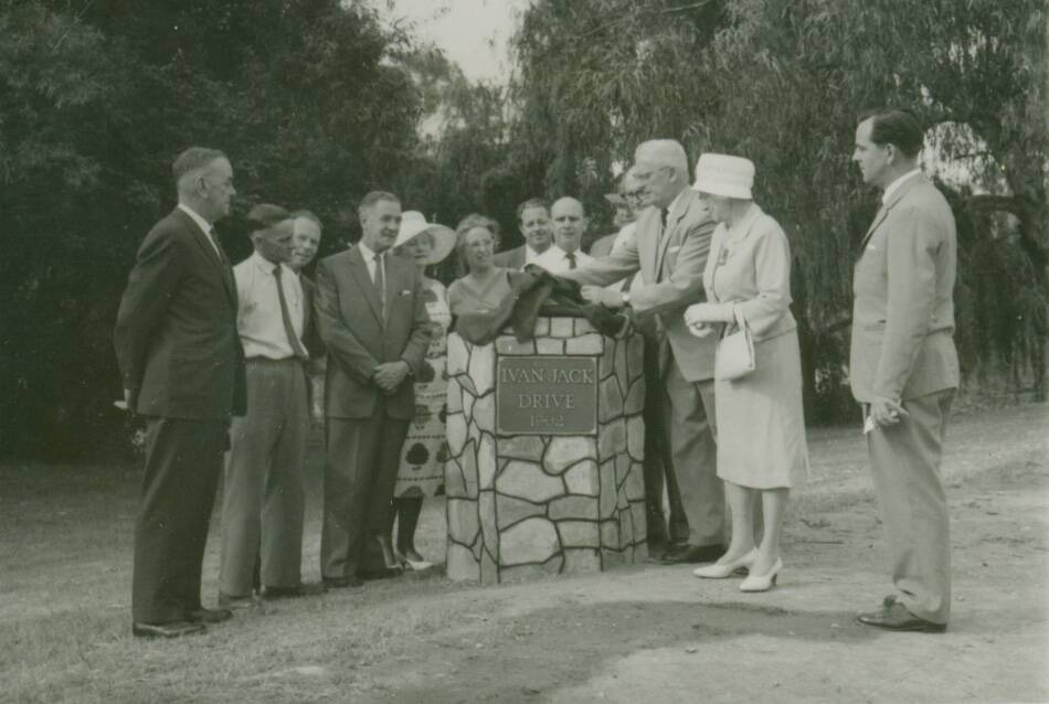 OPEN: Alderman Ivan Jack and Mrs Jack unveiling the plaque opening Ivan Jack Drive, a new bridge over the Wollundry Lagoon joining Trail and Best streets, in 1962.