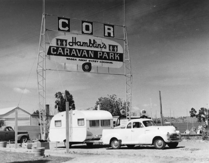 NEW VENTURE: Allan Hamblin was a monumental mason in Edward Street when, in 1954, he became the Riverina agent for Gypsy Caravans. Picture: CSURA Lennon Collection RW1574.556