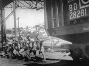 Tug of war training at the Wagga railway yards. Picture supplied (CSURA Lennon Collection)
