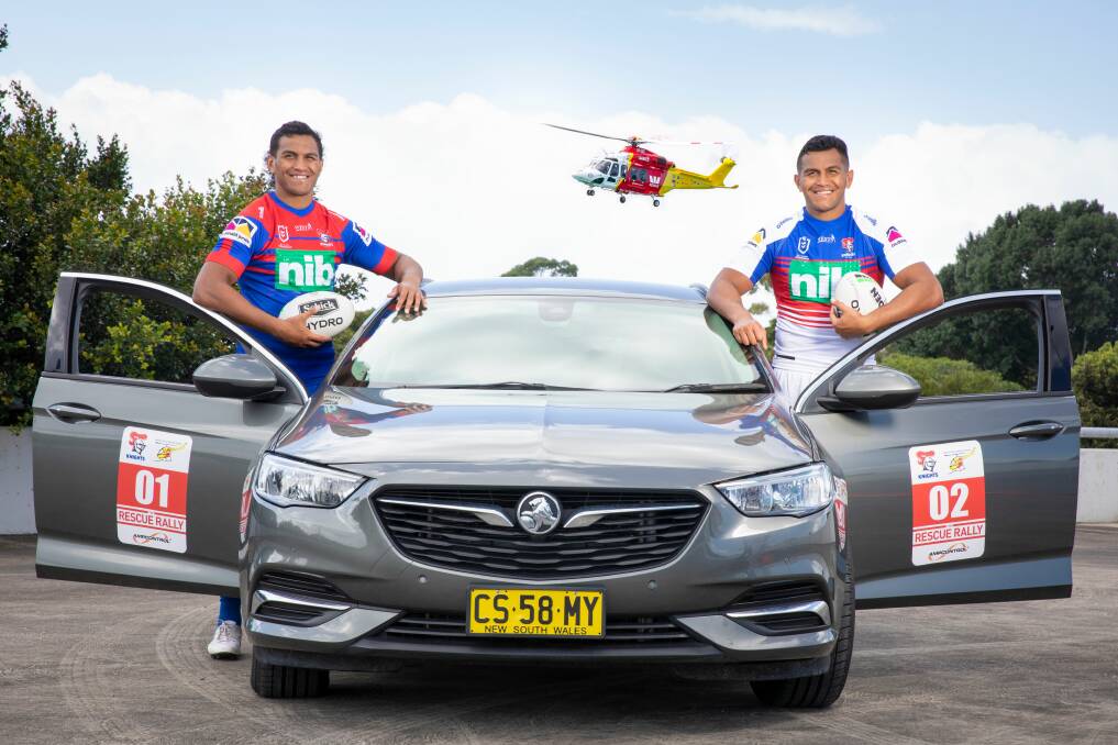 LET'S DRIVE: Newcastle forwards and brothers Jacob and Daniel Saifiti promoting the Knights Rescue Rally which will raise funds for the Westpac Rescue Helicopter Service. 