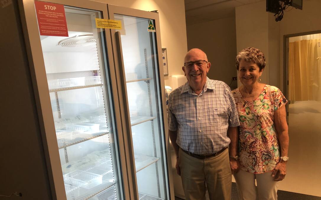 CONVENIENCE: Rodney and Elizabeth Parsons from the Wagga Hospital Auxiliary with the newly installed fridge in the maternity ward. Picture: Rachel McDonald