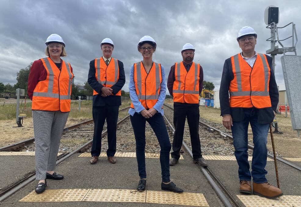 Transport NSW's Sam Knight, Junee Shire Council's Luke Taberner, Cootamundra MP Steph Cooke, Junee Shire Council's Cole Davis and Junee mayor Neil Smith at the track. Picture: Supplied