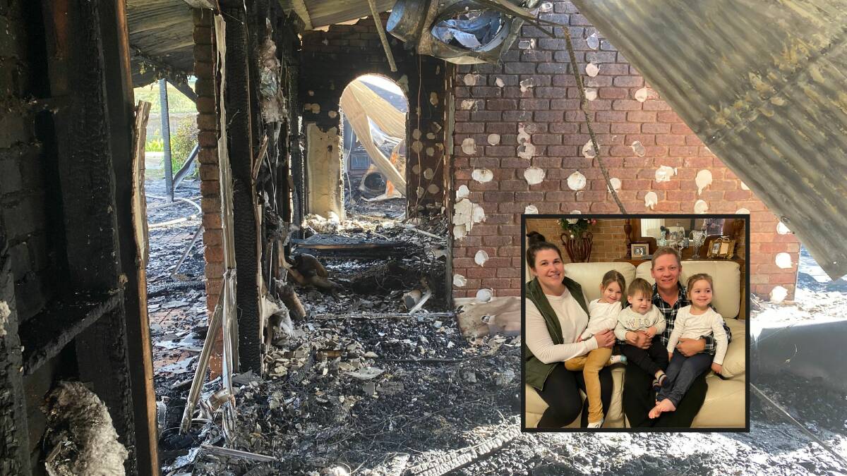 SHOCKING: The damage to the house and inset, Sarah and Tim with their children Elsie, 4, Oliver, 1, and Lila, 3. Picture: Contributed