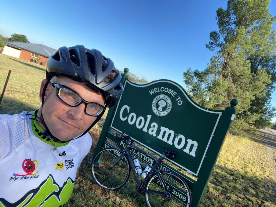 LONG RIDE: Sam Roberts is looking forward to seeing the 'Welcome to Coolamon' sign after a 300 kilometre bike ride from Orange. Picture: Contributed