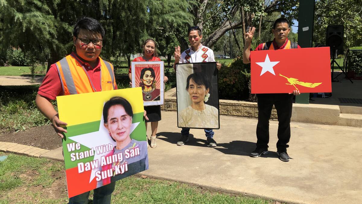 PROTEST: Lat Aung, Lucy Lal, Robert Gumring and Phillip Kyaw show their support for ousted Myanmar leader Aung San Suu Kyi. Picture: Rachel McDonald