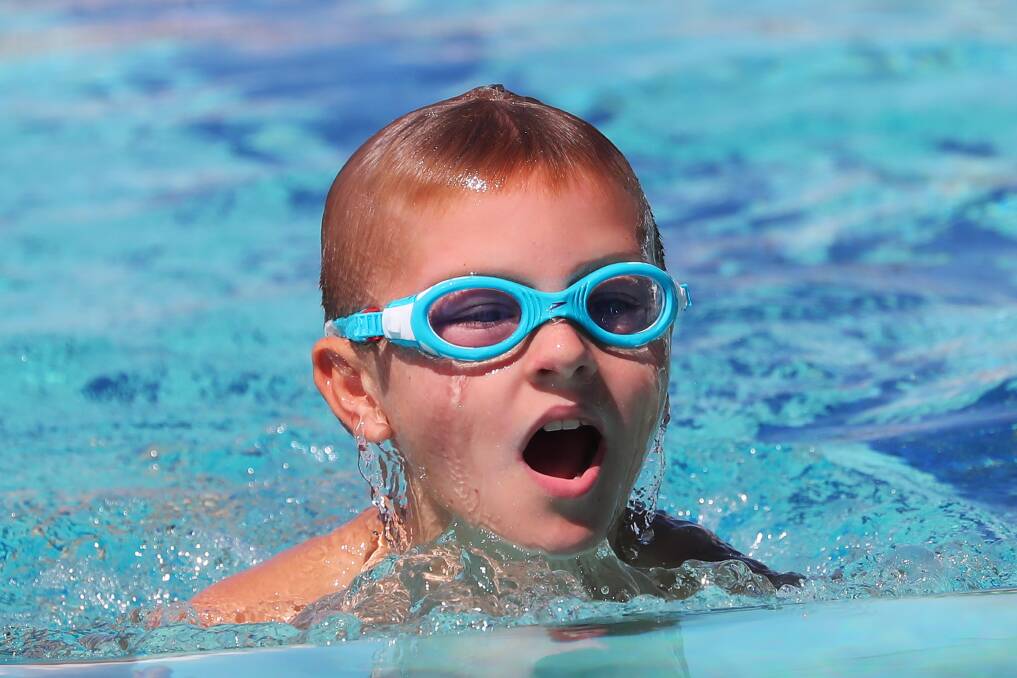 EFFORT: Tyler Schneider, 8, swims for his house at the Lake Albert swimming carnival at Oasis Aquatic Centre. Picture: Emma Hillier