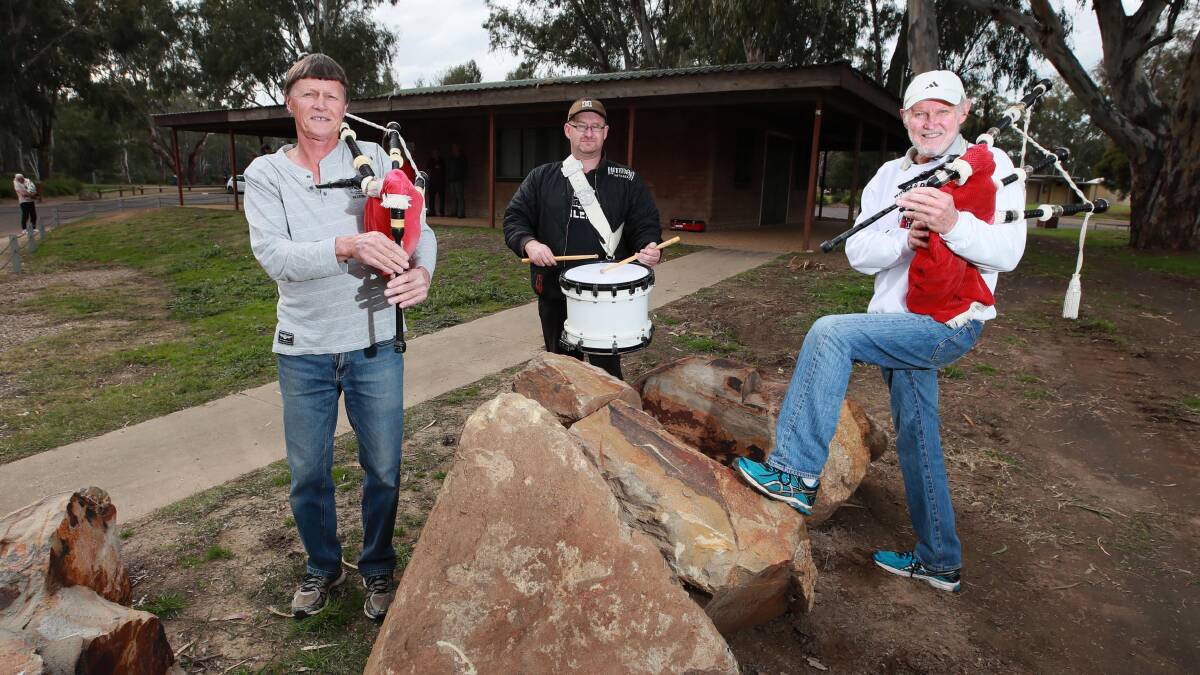 FAREWELL: Wagga District Pipe Band members Max Humbert, Aaron Tuckwell and Ken Lansdown meet at the hall. Picture: Les Smith