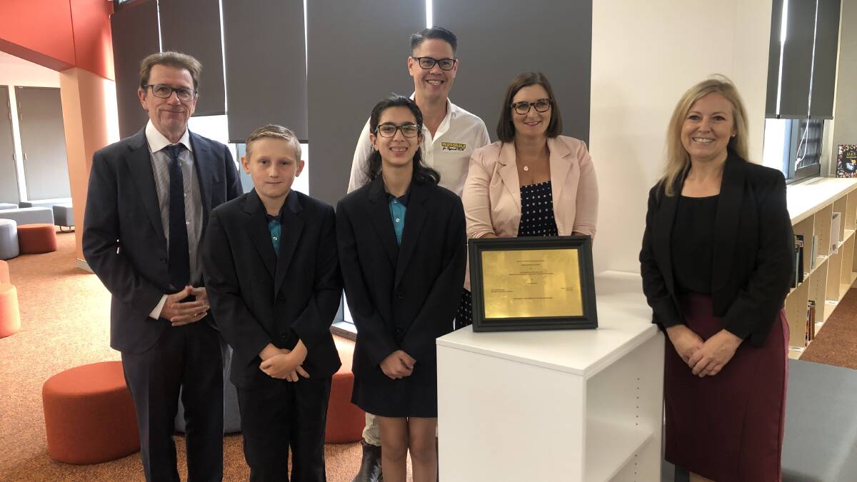 OFFICIALLY OPEN: Wagga MP Joe McGirr, Estella student representatives Joel Sutton-Travers and Jana Naser, MLC Wes Fang, NSW Education Minister Sarah Mitchell and principal Tracy Delaney. Picture: Rachel McDonald