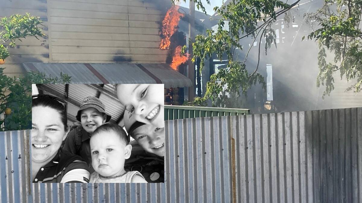 TOUGH TIMES: The fire at Hay on Monday morning and inset, Saskia Edwards and her four children who lost their belongings. Picture: Contributed