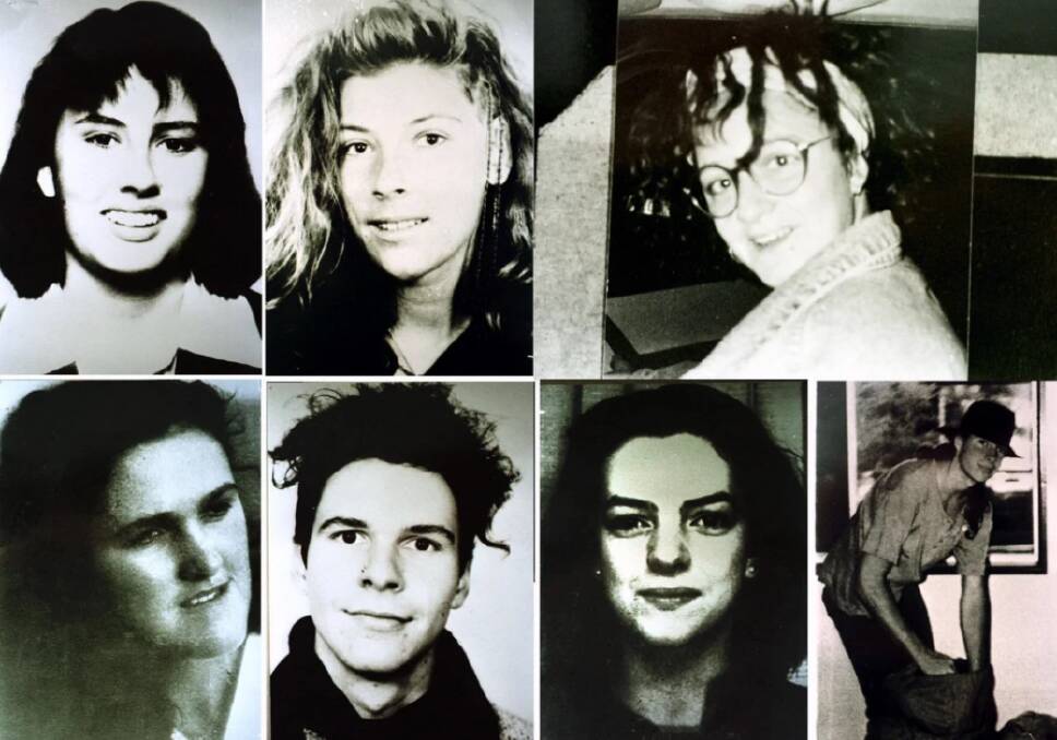 Milat's victims, pictured clockwise from top-left: Deborah Everest of Australia, Anja Habschied of Germany, Simone Schmidl of Germany, James Gibson of Australia, Caroline Clarke of the UK, Gabor Neugebauer of Germany and Joanne Walters of the UK. 