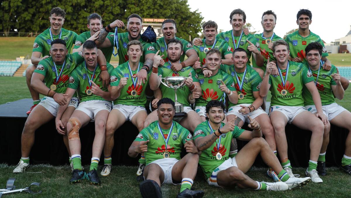 The Raiders celebrate their third SG Ball premiership. Picture: Bryden Sharp/NSW Rugby League