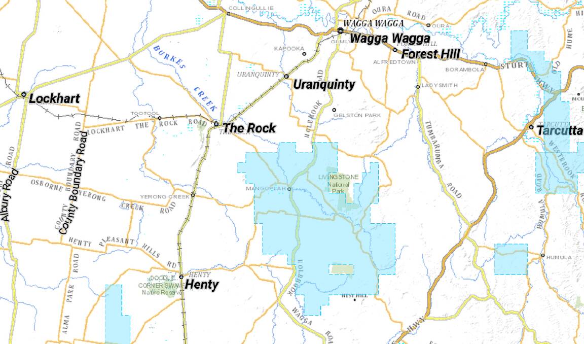 EXPLORATION: Canadian mining company TinOne Resources has applied for a metallic minerals exploration licence in the blue area south of Wagga. Picture: NSW DPIE