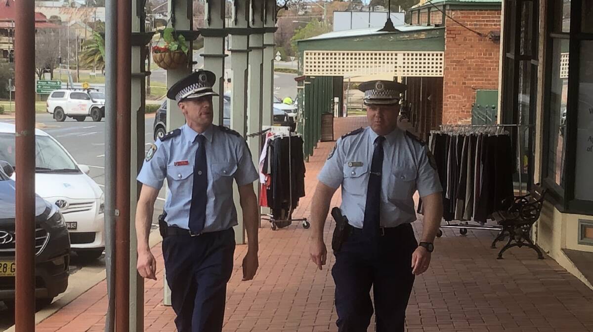 Riverina Police District Inspector Adrian Telfer and Superintendent Bob Noble in Coolamon on Thursday. Picture: REX MARTINICH