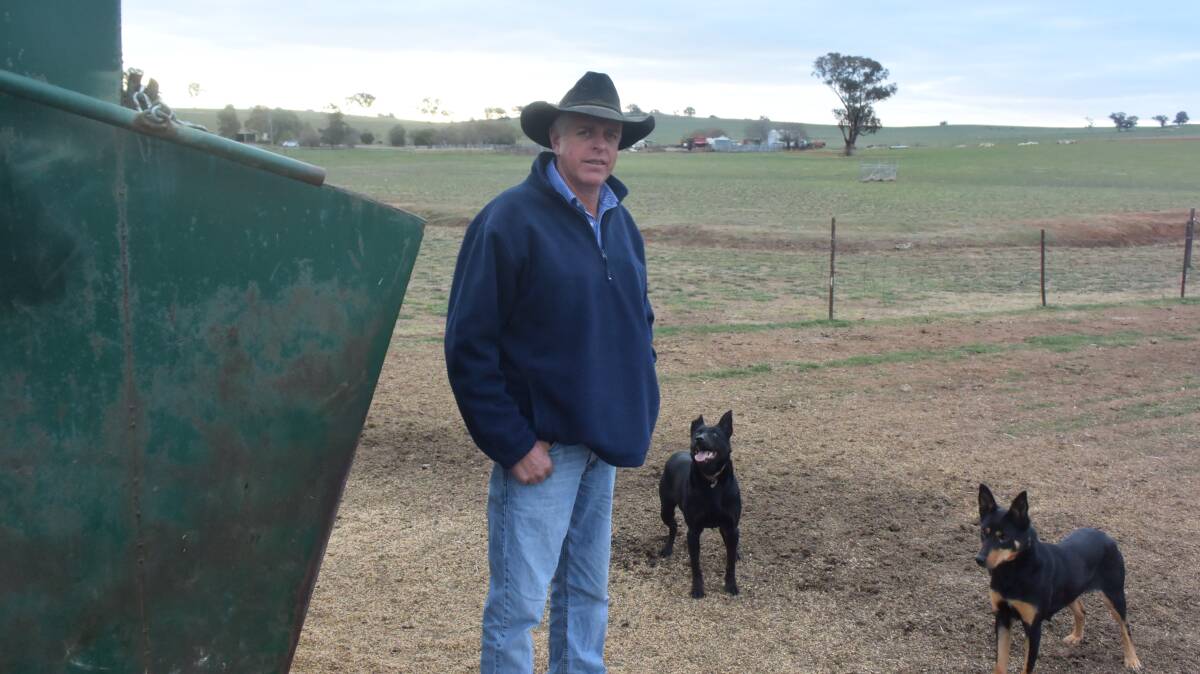 Downside cattle, sheep, horse and Kelpie stud farmer Steve Condell with one of the feeders he has been using to sustain his cattle during the drought. Picture: REX MARTINICH