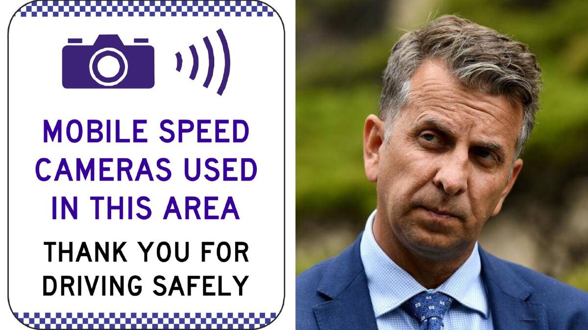NSW Roads Minister Andrew Constance (right) and an example of the warning signs that will be put up across NSW near mobile speed cameras.
