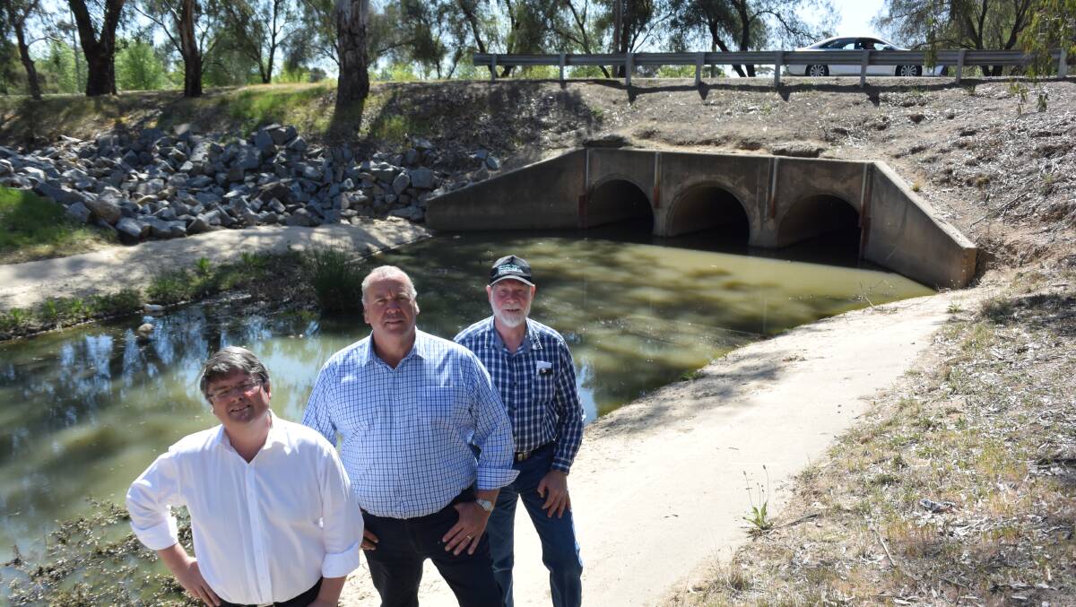 Wagga City Council general manager Peter Thompson, Councillor Paul Funnell and Lake Albert Forum member Gary Williams at Lake Tatton Drain. Picture: Rex Martinich