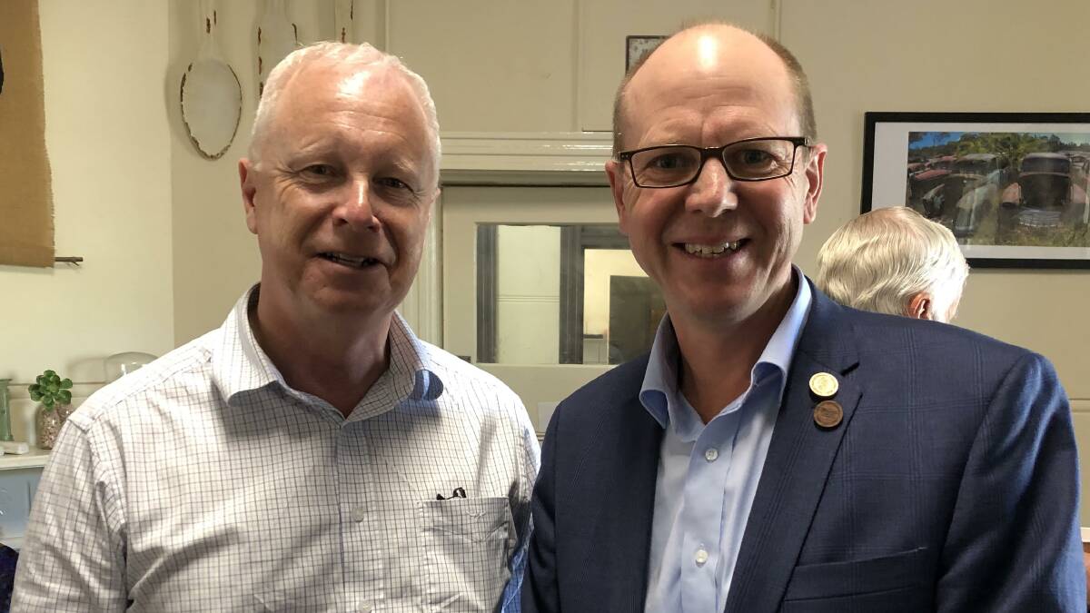 Chair of the Royal Commission into National Natural Disaster Arrangements, Mark Binskin with Australian Forest Products Association chief executive Ross Hampton at the bushfire royal commission's visit to Tumbarumba on Friday. Picture: Contributed 