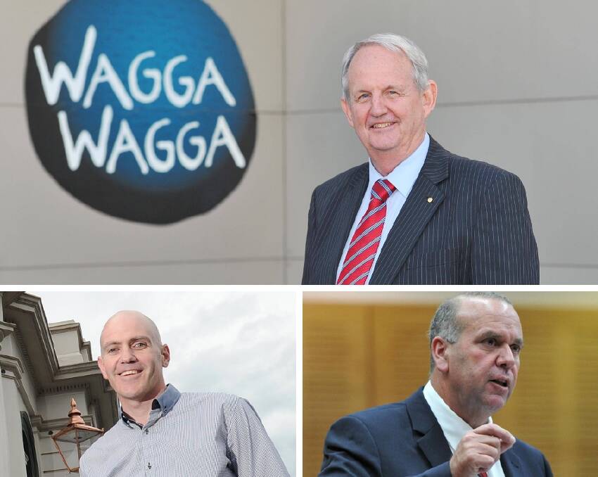 Wagga mayor Greg Conkey (top) and potential challengers at the election Tim Koschel (left) and Paul Funnell (right). 