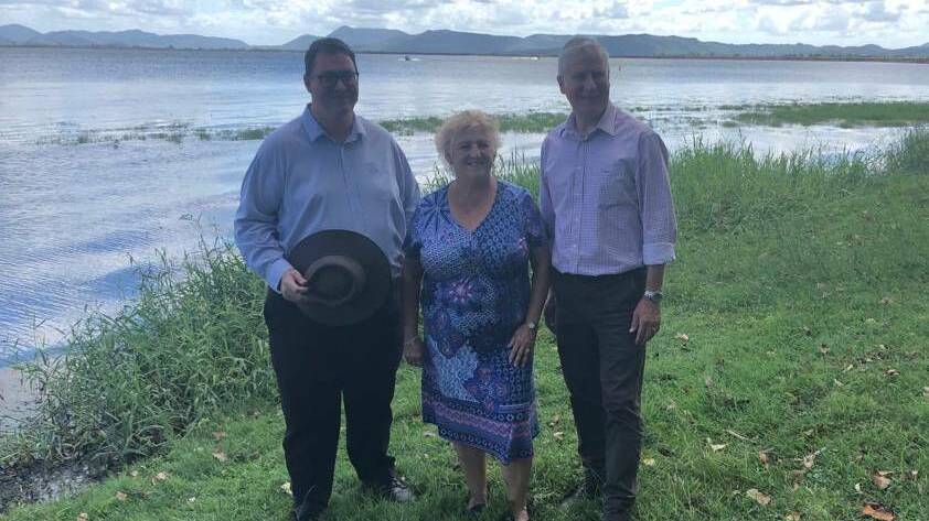 Dawson MP George Christensen, Capricornia MP Michelle Landry, and Nationals Leader Michael McCormack at Kinchent Dam announcing $10m funding for a new dam in North Queensland.