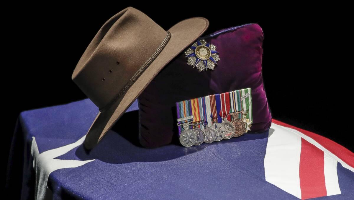 Former Deputy Prime Minister Tim Fischer's akubra and medals on his coffin during his state funeral Albury. Picture: Alex Ellinghausen