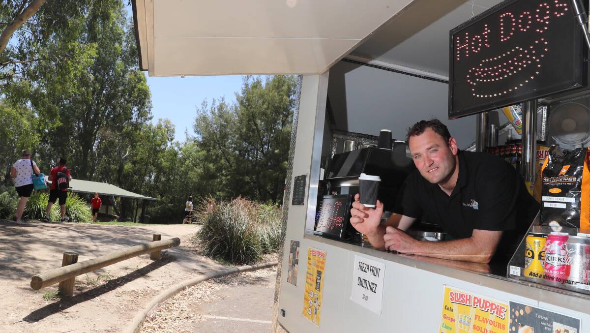 Luke Kirkman, owner of Kirky's Coffee, sets up at Wagga Beach during the food truck trial in January.
