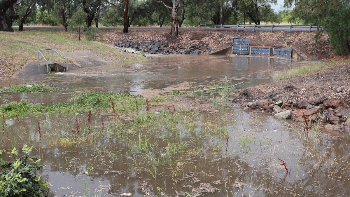 Water backs up behind drain covers in Tatton Drain following rain on Wednesday. Wagga City Council said the steel shutters were illegally installed in an attempt to raise water levels in Lake Albert. Picture: Les Smith.