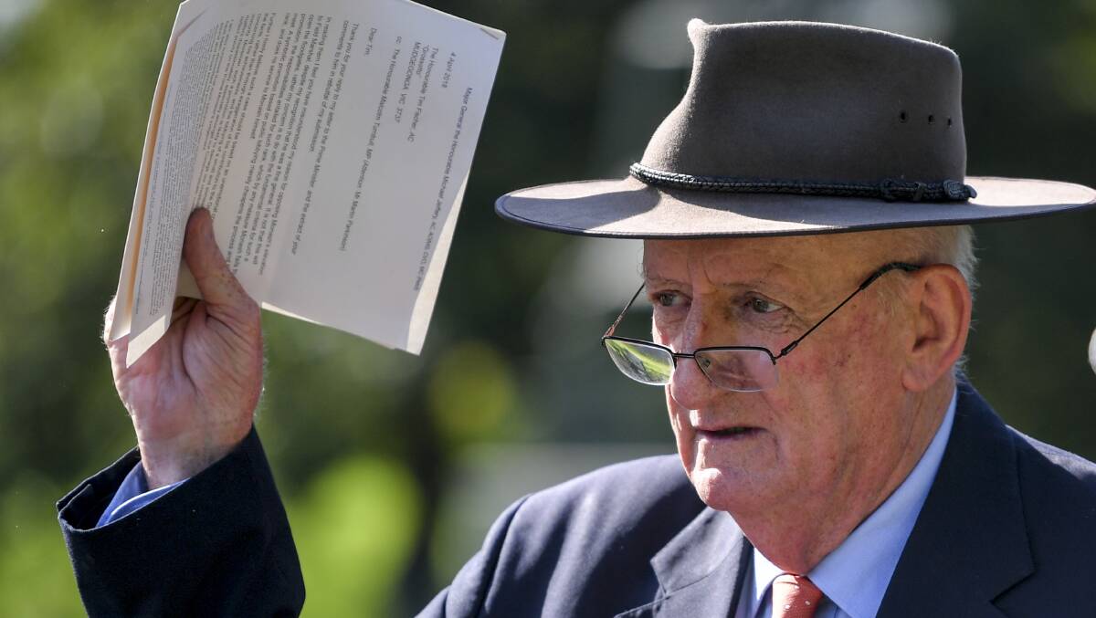 Former deputy prime minister Tim Fischer at Melbourne's Shrine of Remembrance in April. The former Nationals leader has backed Riverina Mp Michael McCormack to stay in the top job. Photo: Eddie Jim.