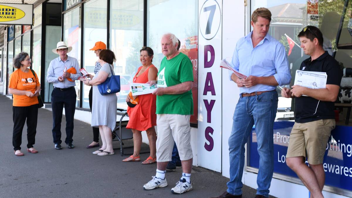 Wagga candidates outside the Fitzmaurice Street NSW election pre-polling centre.
