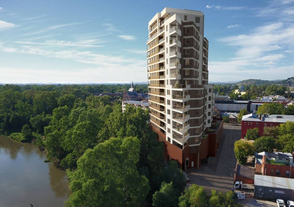 An artist's impression of what the 17-storey Riverside complex at Sturt Street will look like when completed. Picture: PRD Wagga