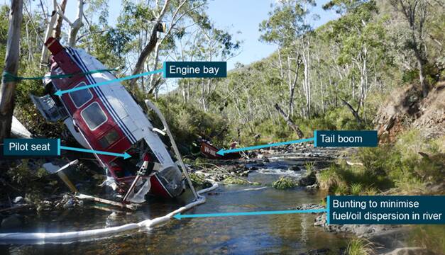 The scene of a helicopter crash at Talbingo in 2018 withy annotations from the Australian Transport Safety Bureau.