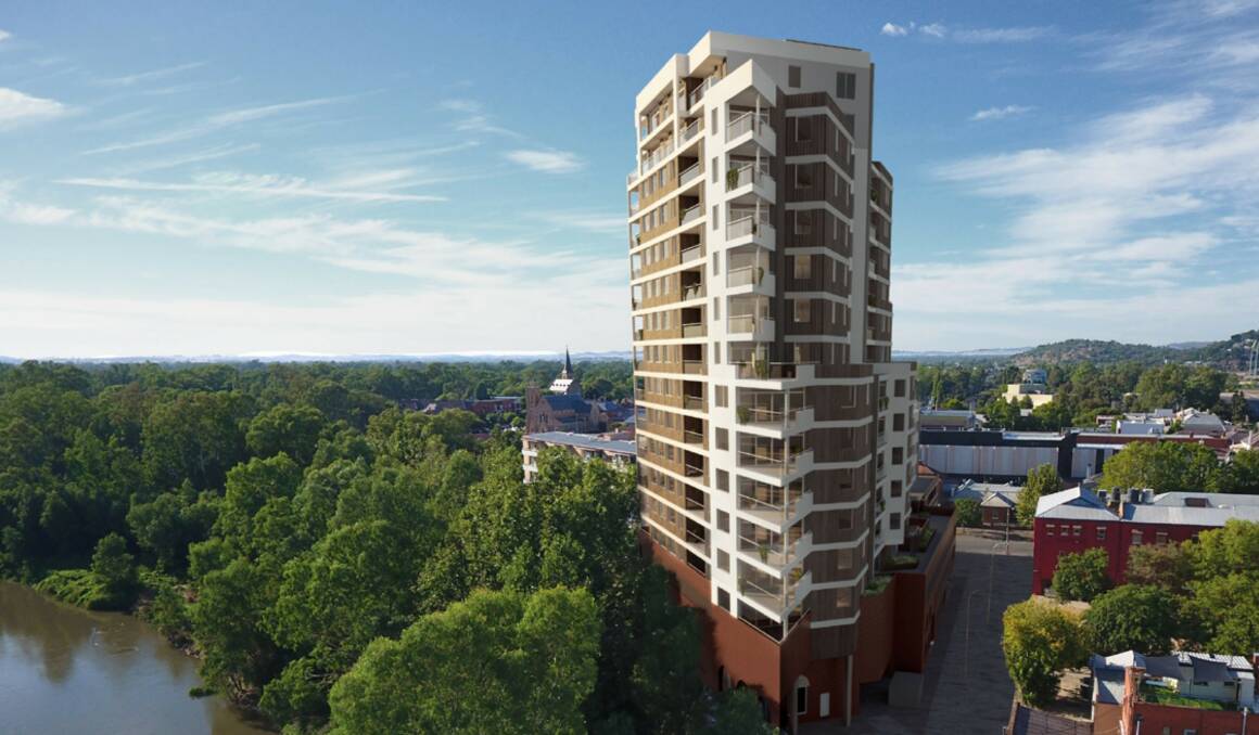 An artist's impression of the 17-storey Riverside apartment building proposed for Wagga's Sturt Street. The company that owns the land, CRK Holdings, is now planning to sell the block to cover part of its debt.